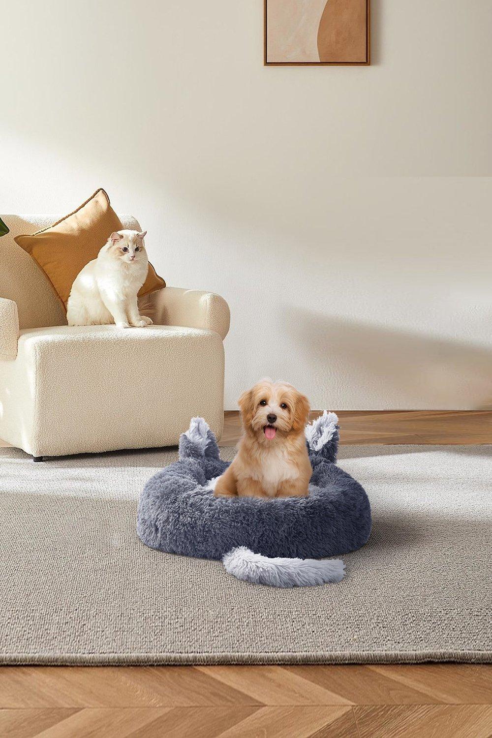 Round Plush Pet Dog Cat Calming Bed with Cute Ears 50x50cm